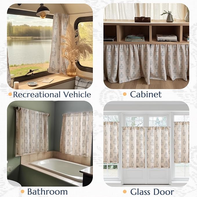 jinchan Linen Kitchen Curtains 24 Inch Floral Tier Curtains Farmhouse Cottage Core Flax Cafe Rod Pocket Country Small Window Drapes for Laundry Room Bathroom RV 2 Panels Blue on Beige