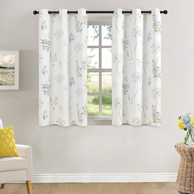 XTMYI Yellow Cafe Kitchen Curtains 45 Inch Length for Window Over Sink,80% Blackout Bright Colorful Floral Spring Decor for Bedroom Bathroom