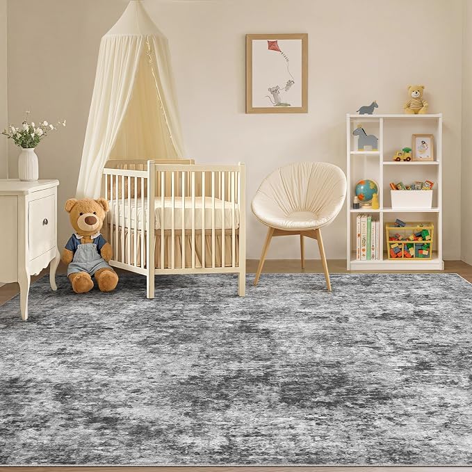 Tortania Washable 10x14 Area Rug for Living Room: Modern Abstract Neutral Large Soft Thin Rugs - Non Slip Indoor Carpet for Bedroom Dining Room Office Nursery Home Floor Decoration - Charcoal Grey