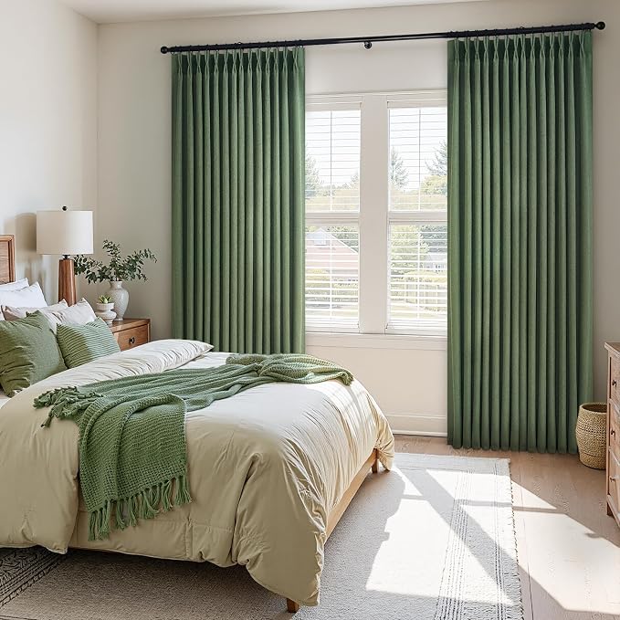 Olive Green Pinch Pleated Linen Curtains 84 Inches Long 2 Panels for Living Room Bedroom Linen Pinch Pleat with Hooks Rings Back Tab Light Filtering Loden Moss Green Farmhouse Drapes 84 Inch Length