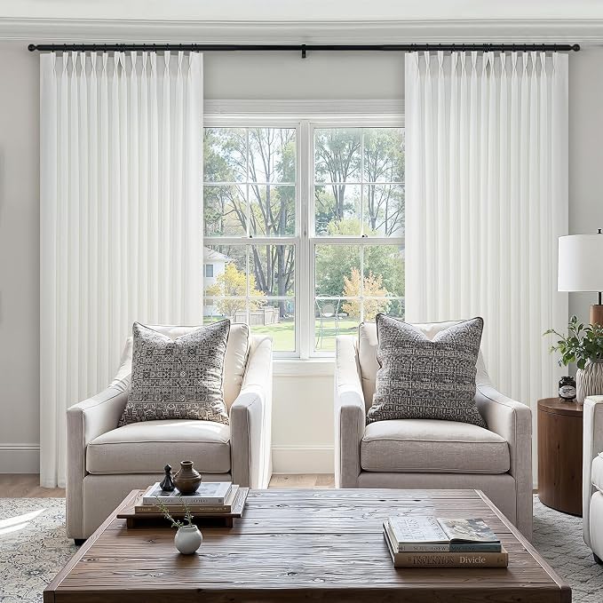 Home Beige White Pinch Pleated Semi Sheer Curtains Textured Linen Blended Light Filtering Window Curtains 108 inch for Living Room Pinch Pleat Drapes with Hooks 2 Panels 40" Wx108 L