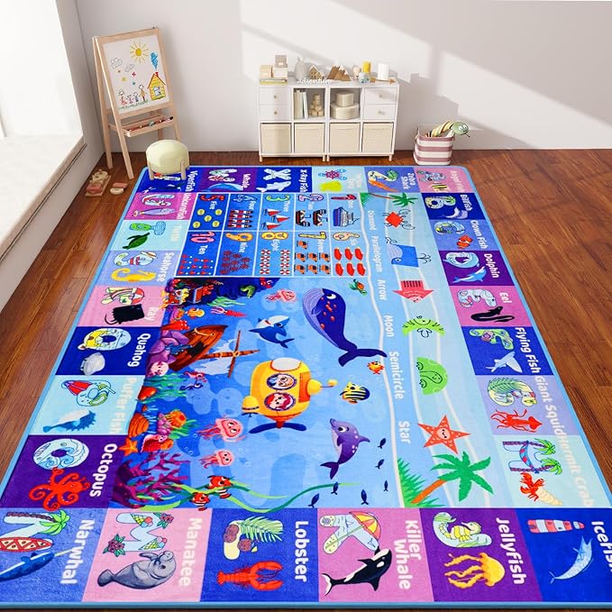 3'3"×5' Interactive Ocean World Learning Rug with ABC, Sea Animals, Numbers & Shapes for & Preschoolers, Washable Non-Slip Carpet for Playroom, Nursery & Homeschool