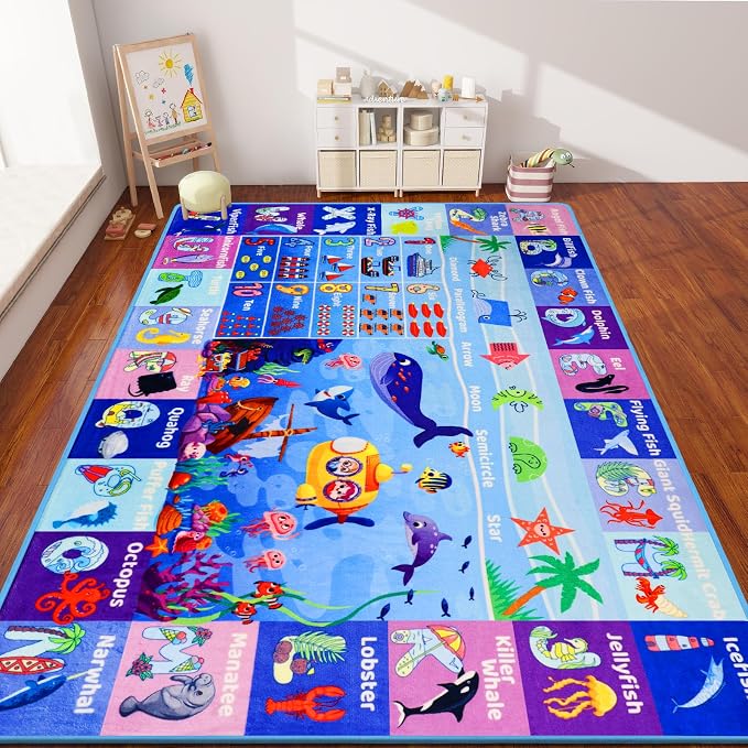 Extra-Large 6'7"×10' Ocean World Learning Rug with ABC, Sea Animals, Numbers & Shapes for & Preschoolers, Washable Non-Slip Activity Carpet for Playroom, Nursery, Classroom