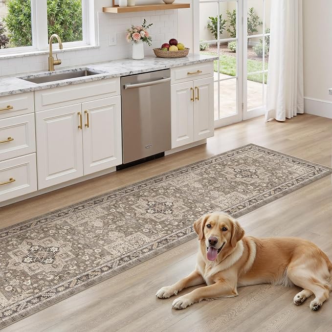Vintage Hallway Runner Rug 2x8: Large Soft Washable Entryway for Kitchen Laundry Room Non-Slip Backing Runner for Entrance Living Room Bedroom Bathroom - Brown