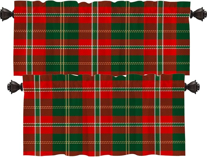 Shrahala Red Green Checkered Blackout Short Curtains for Windows,Red Green Black Yellow Check Plaid Kitchen Curtains Sets for Windows Thermal Insulated Bathroom Window Curtain 2 Pack 52 X 16 in