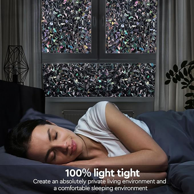 Finnez Blackout Window Privacy Film Rainbow Decorative Window Film, 3D Static Stained Glass Cling Tint for Room Darkening Day Sleep Non-Adhesive, 29.5 x 157.4 inches
