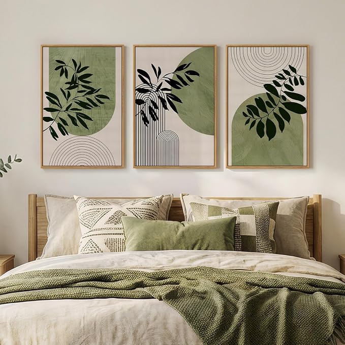 Framed Boho Botanical Wall Art for Living Room, 3 Piece Modern Green Bohemian Canvas Paintings Prints, Minimalist Geometric Boho Leaf Pictures for Bedroom Dining Room Office Wall Decor, 16x24 Inch