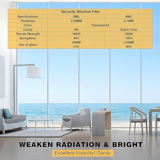 Security Window Film, Transparent Self-Adhesive Shatterproof Film, 2Mil Anti Shatter Tempered Glass Film, Glass Protective Window Film for Home/Office