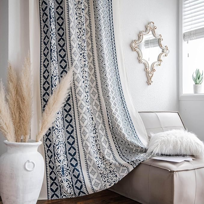 VOGOL Boho Semi Blackout Curtains, Geometric Printed Decorative Window Treatments for Bedroom, 1 Panel Rod Pocket Drapes for Living Rest Room, 52 x 63 Inches, Blue