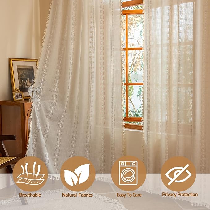 Natural Boho Semi Sheer Curtains 63 inch Length 2 Panel Set for Bedroom & Farmhouse, Bohemian Beige Light Filtering Privacy Drapes Tassels Shabby Chic Embroidery Window Curtains Back Tab & Rod pocket