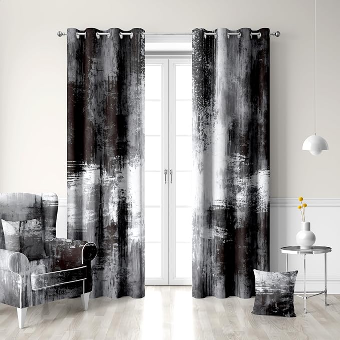 Abstract Black and Grey Blackout Curtains, Boho Retro Rust Gray Neutral Modern Geometric Darkening Thermal Insulated Grommet Light Blocking Drape Decor, 52 x 84 Inch Long 2 Panels