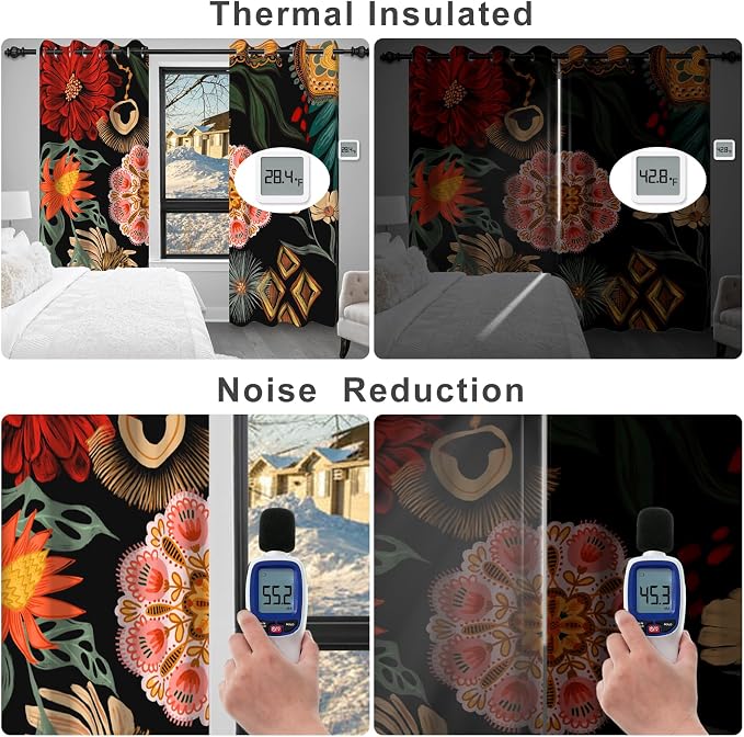 Boho Blackout Curtains for Bedroom, Bohemian Floral Black Living Room Curtains 84 Inch Length 2 Panels Set, Thermal Insulated Light Filtering Soundproof Black Out Window Drapes with Curtain Tiebacks