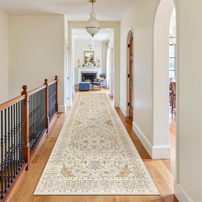 Madane Hallway Runner Rug 3x10 Washable Kitchen Runners 10ft, Beige/Blue | Vintage Non-Slip Entryway Area Rugs Indoor, Soft Low-Pile Farmhouse Wide Floor Carpet for Bathroom Living Room Bedroom Foyer