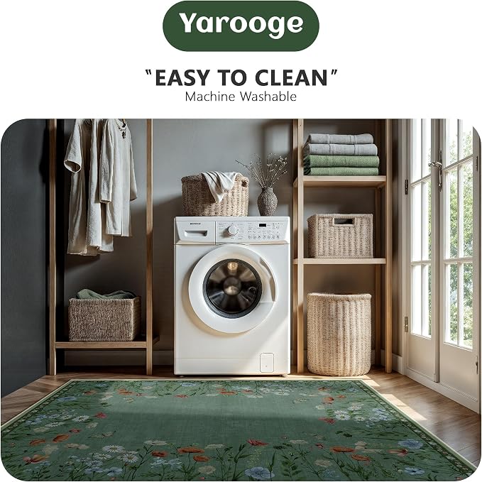 8x10 Area Rugs, Machine Washable Low Pile Floral Rugs for Living Room, Bedroom, Large Area Rug with Non-Slip Backing for Dining Room(Green)