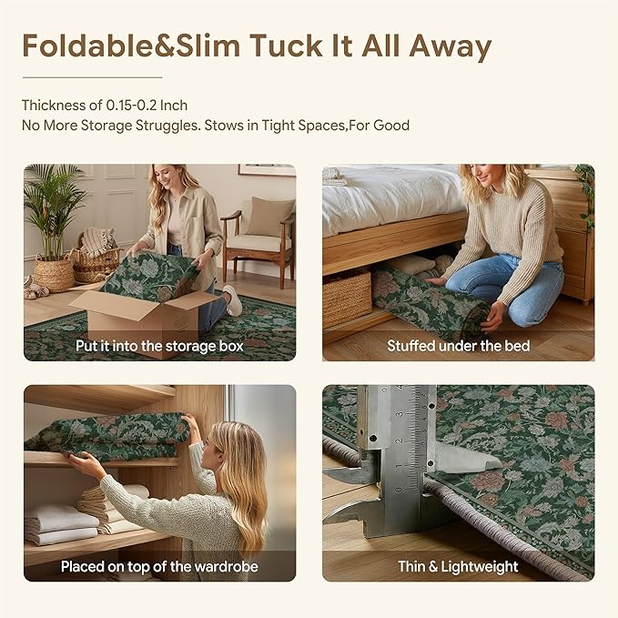 HUGEAR Retro Area Rugs 8x10 Washable Living Room Bedroom Rugs Vintage Floral Throw Carpet Green Stain Resistant Non Slip Low Pile for Home Aesthetic Modern Decor