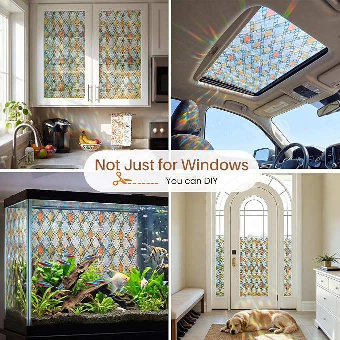 Window Privacy Film, Stained Glass Static Cling Rainbow Stickers 17.5" x 78.7"Decorative Lattice Window Film Removable with Tools, UV Block Heat Control 3D Vinyl Covering Non-Adhesive for Home Door