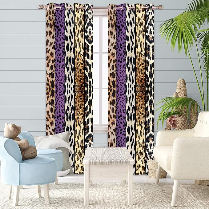 Wild Animal Print Curtain, Room Darkening Thermal Insulated Blackout Leopard Boa Window Drapes with Grommets for Living, Dining, Bedroom, Purple Leopard Print, 42"x 90", 2 Panels