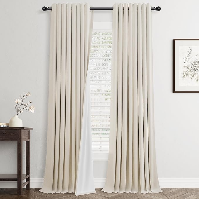 Jowels Beige Linen Blackout Curtains 120 Length 2 Panels Set for Living Room Bedroom, 100% Black Out Thermal Insulated Linen Drapes, Room Darkening Grommet Curtains 120 Inches Long
