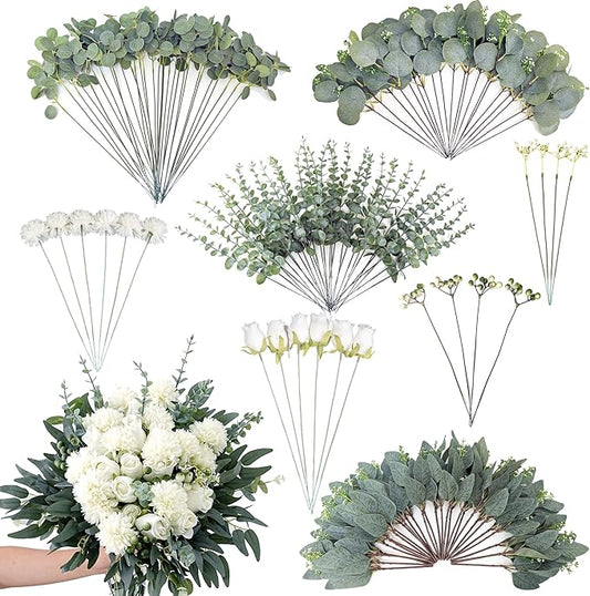 130 Pcs Mixed Eucalyptus Leaves Stems 8 Kinds Artificial Bulk Fake Silver Dollar Eucalyptus Bundle Faux Plants Greenery for DIY Wedding Vase Bouquets Floral Arrangement Engagement Decor （Green）