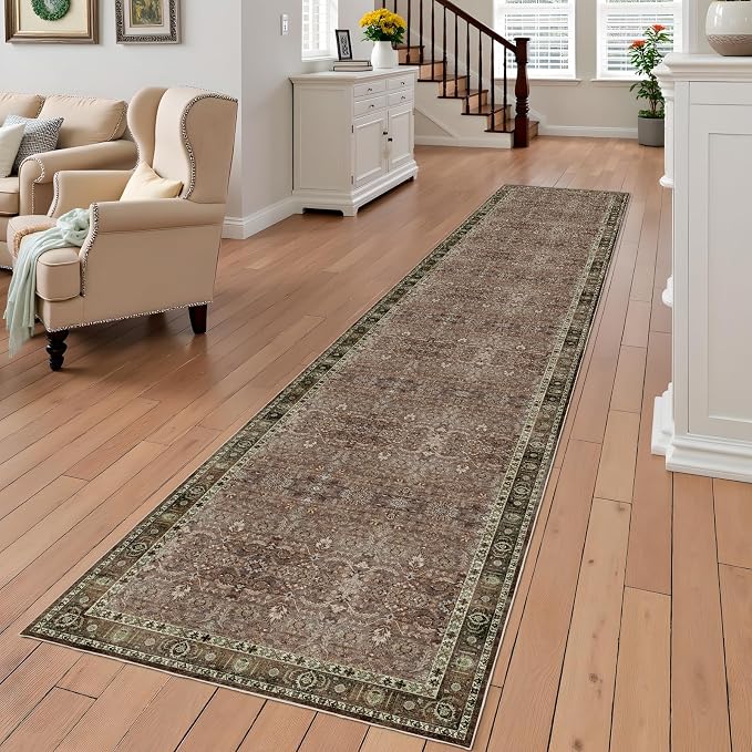 Washable Runner Hallway Rug,2x8 Non Slip Boho Non-Shedding Kitchen Carpet Soft Indoor Stain Resistant Rug for Bedroom Laundry Room Bathroom Brown Floral