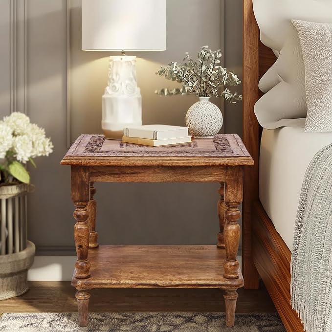 COTTON CRAFT Solid Wood End Table - Hand Carved Vintage Farmhouse Boho Side Table with Bottom Shelf - Small Spaces Entryway Living Room Bedside - No Tools Assembly - 21x16x18 - Brown