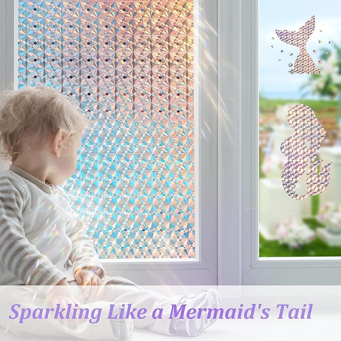 Windimiley Stained Glass Window Privacy Film, Rainbow Clings, 17.5" x 118.1 | 3D Diamond Decorative Window Film,Static Cling No Glue Removable, UV Heat Blocking,Renter Friendly for Bathroom Bedroom Door