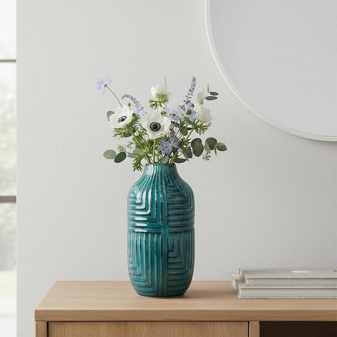 hjn Teal Hand-Glazed Ceramic Vase - 10.6" H Modern Decorative Centerpiece Vase for Fresh/Dried Flowers, Home Decor for Living Room Bookshelf Mantel | Wedding Housewarming Gift