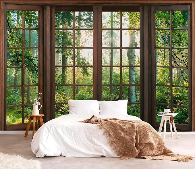 YQWDMX - 3D Green Forest Peel and Stick Wallpaper Window Mural for Bedroom ZY06 L