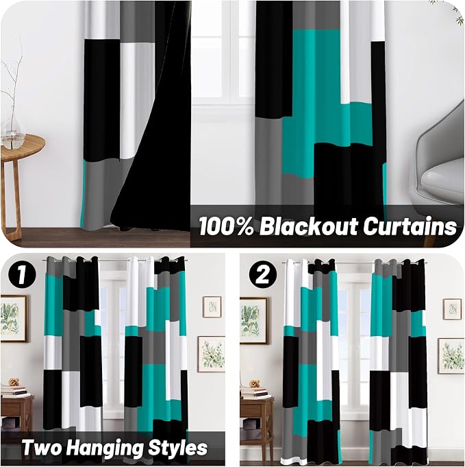 Tyrot Teal/Turquoise 100% Blackout Curtains for Bedroom 63 inch Length 2 Panels Set Black White Grey Modern Abstract Geometric Black Out Curtains Room Darkening Window Drapes for Living Room, 52Wx63L