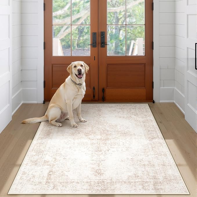 Area Rug 3x5 Vintage Rug: Washable Indoor Medallion Rug Low Pile Distressed Floor Carpet Retro Accent Doormat for Bedroom Bathroom Hallway Kitchen Home Office(Retro Beige, 3'x5')