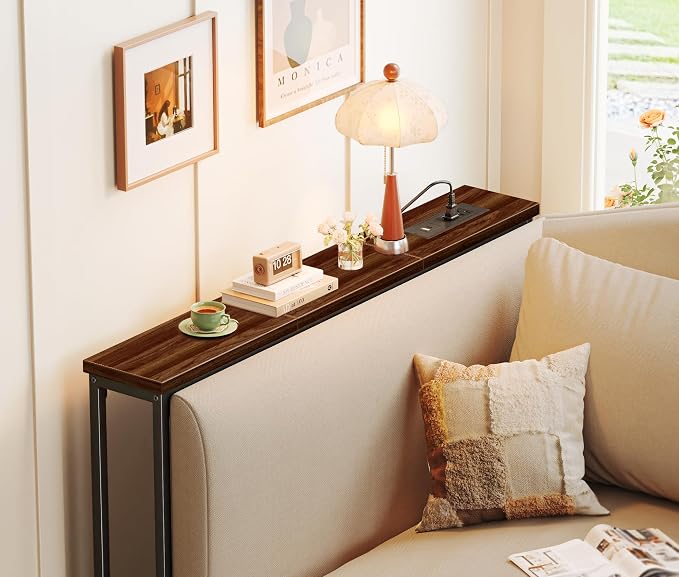 SUPERJARE 5.7 Inch Console Table with Outlet, Sofa Table, Behind Couch Table, 5.7 x 39.4 x 29.7 Inches, Metal Frame, for Living Room, Hallway, Walnut