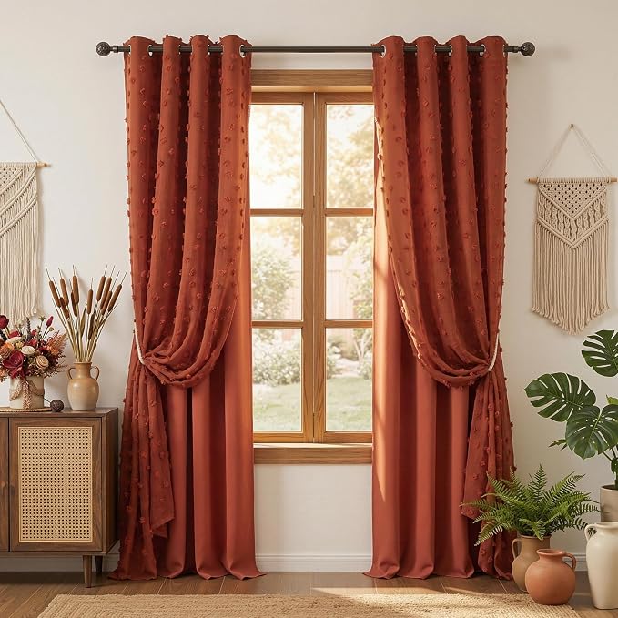 MYSKY HOME Terracotta Curtains for Bedroom 72 Inches Long Bohemian Curtains Pom Pom Brick Red Sheer Curtain for Girls Room Double Layer for Toddler Grommet Room Darkening Window Panels 52 x 72 Inch