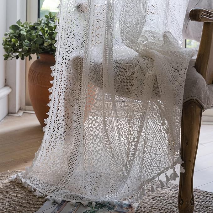 Sutuo Home Boho Curtains 120 inches for Bedroom Living Room Patio Doorway, Crochet Lace Sheer Bohemian Extra Long with Tassels,Window Treatment Drape, Single 1 Panel 59" W x 120" L, White