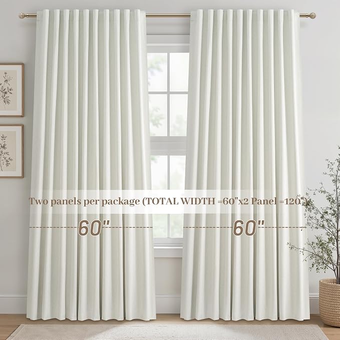 Cute Blackout Curtains 60 Inches Extra Wide Linen 92 Inch Length for Living Room/Sliding Glass Door,Pleated Heavy Duty Thermal Drapes for Winter Thick Large Window(60"Wx92"L 2 Panels Beige White)