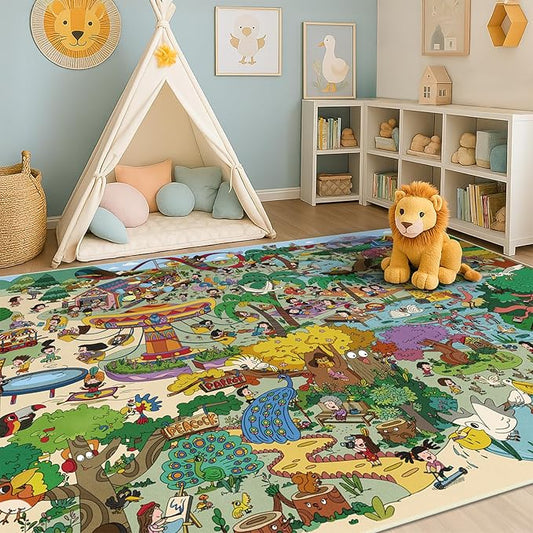 Hazo Haus Colorful Jungle Adventure Kids Rug 5x7 – Fun Cartoon Area Rug with Animals, Amusement Park, and Nature Scene – Ideal for Bedrooms, Toddlers, or Small Play Areas