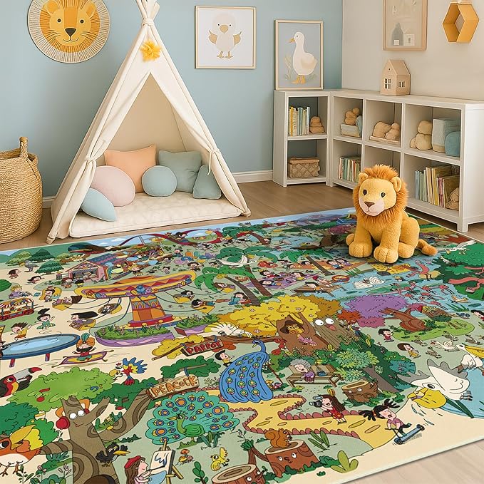 Whimsical Jungle Rug 6x9 for Kids Playroom – Cute Colorful Animal Safari Map, Forest & Playground Scene – Perfect for Classrooms, Darecare, Pre-School or Play Corners