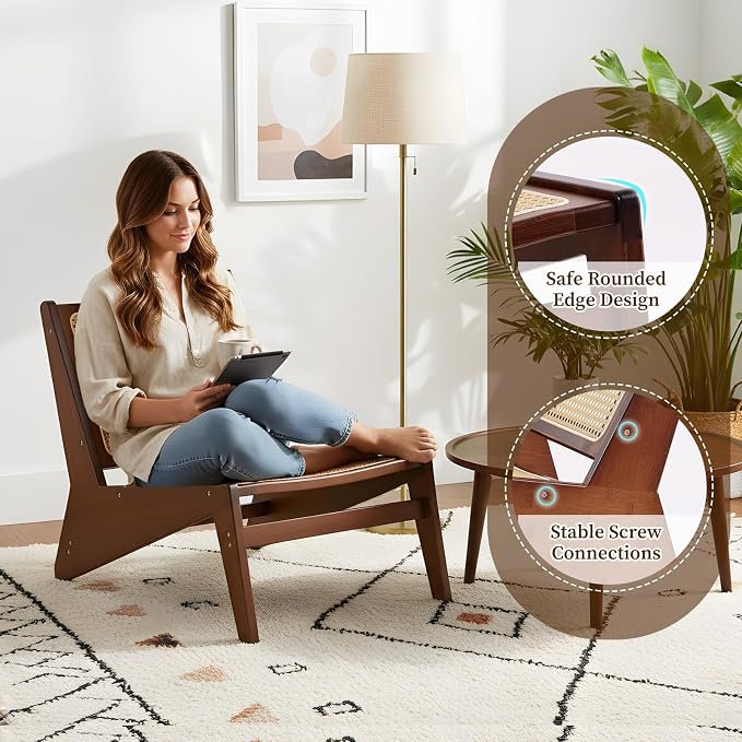 Furlide Rattan Chair 2Pcs, Mid-Century Accent Chair, Rattan Lounge Chair for Living Room, Boho Side Corner Comfy Chair for Bedroom and Balcony, Walnut