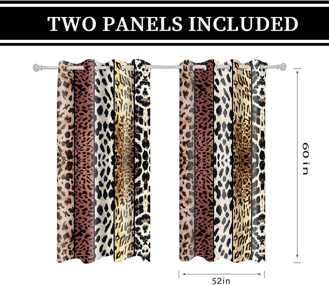 Wild Animal Print Curtain, Room Darkening Thermal Insulated Blackout Leopard Boa Window Drapes with Grommets for Living, Dining, Bedroom, Brown Leopard Print, 52"x 60", 2 Panels
