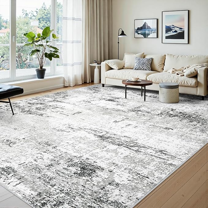 Area Rugs 10x14 Living Room: Large Modern Abstract Washable Rug Soft Anti-Skid Non-Shedding Carpet Indoor Floor Thin Carpets for Bedroom Dining Room Farmhouse Nursery Home Office White Grey Black