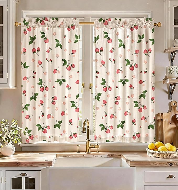 Miss Adola Farmhouse Kitchen Tier Curtains - 45 Inch Length Linen Blend Country Cafe Curtains Strawberry Small Window Treatments Over Sink Rod Pocket for Bathroom Living Room Light Filtering, 2 Panels
