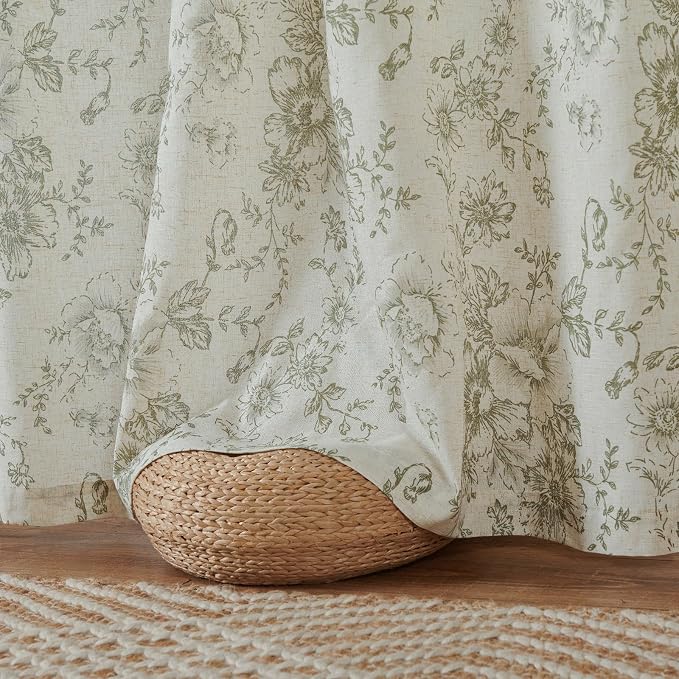 jinchan Linen Blend Floral Curtains for Living Room 96 Inches Extra Long Farmhouse Printed Curtain Back Tab Green Peony Flower Patterned Drapes Bedroom Window Curtains Set 2 Panels