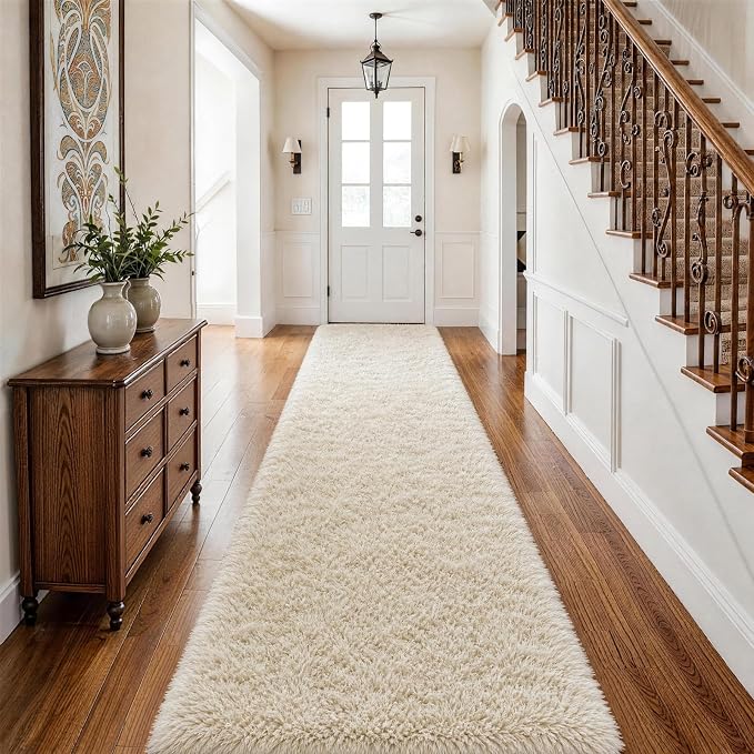 Ophanie Runner Rug for Hallway,2.5x12 Washable Non-Slip Fluffy Soft Bedside Rugs,Bedroom Living Room Shaggy Carpet for Kids Girls Boys Dorm Nursery Decor Aesthetic,Ivory with Over 99 pcs Pile fibers