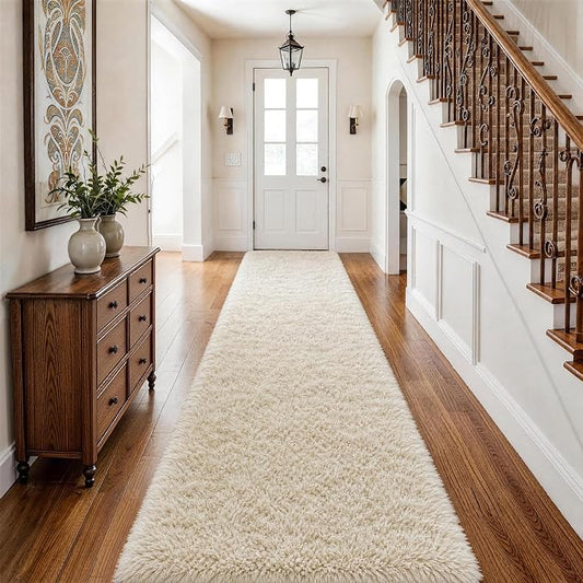 Ophanie Runner Rug for Hallway,2.5x12 Washable Non-Slip Fluffy Soft Bedside Rugs,Bedroom Living Room Shaggy Carpet for Kids Girls Boys Dorm Nursery Decor Aesthetic,Ivory with Over 99 pcs Pile fibers