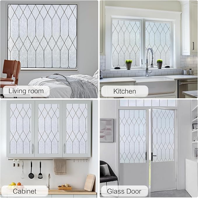 Windimiley Window Privacy Film Stained Glass Static Clings, Bathroom Frosted Leaded Decorative Window Stickers, UV Heat Blocking Opaque Removable for Home Door Coverings (29.5 x 78.7in,Rain)
