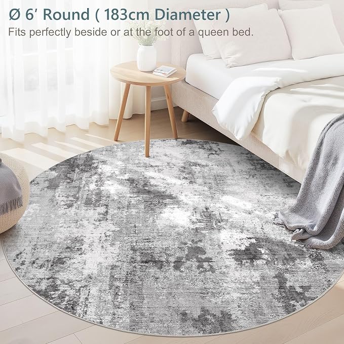 Abstract 6FT Round Rug: Machine Washable Non Slip Ultra Thin Low-Pile Carpet, Soft Stain Resistant for Living Room Bedroom Nursery, Kid Pet Friendly, Robot Vacuum Compatible - Grey