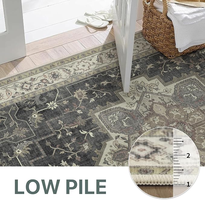 GENIMO 2x5 Runner Rugs for Hallway, Machine Washable Non Slip Vintage Rugs, Low Pile Lightweight Soft Print Rug for enrtyway, Corridor, Home, Office, Kitchen, Muted Charcoal Beige