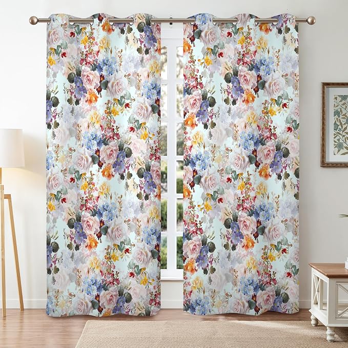 Renaiss Flower Blossom Curtains Watercolor Floral Painting Thermal Insulated Window Curtains for Living Room Bedroom Blackout Window Drapes Grommet Top 29W x 45L Inch 2 Panel Set