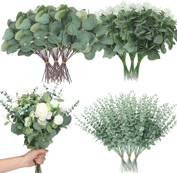 Giegxin 1000 Pcs 3 Kinds Mixed Artificial Eucalyptus Leaves Stems Bulk Silver Dollar Leaves Picks Dried Eucalyptus Bundle Faux Spray for Wedding Vase Bouquet Floral Arrangement (Green)
