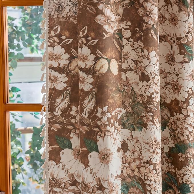OYX Boho Floral Curtains 84 Inch, Linen Farmhouse Flower Drapes with Lace & Tassels, Light Filtering Semi Sheer Curtains for Living Room Bedroom, 2 Panels