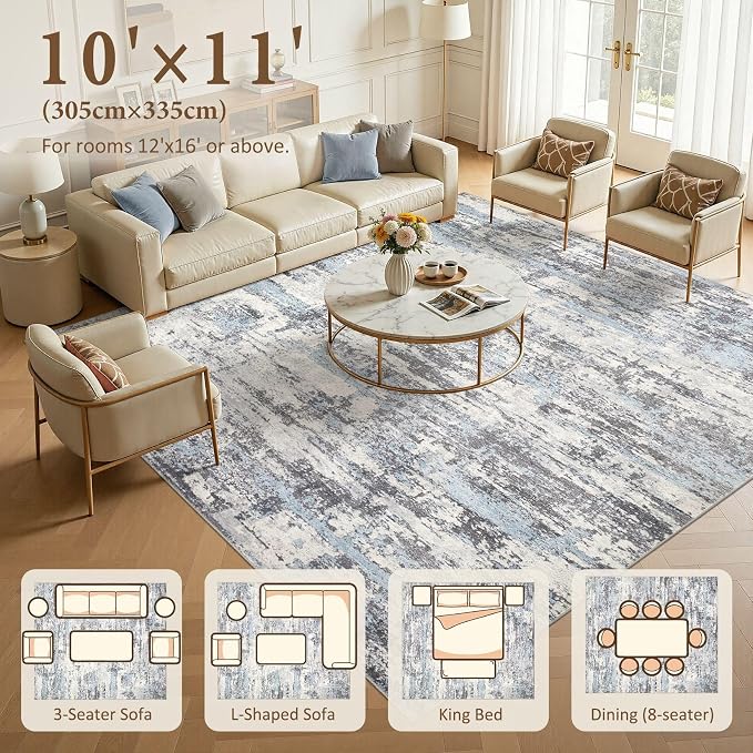 Area Rugs for Living Room: 10x11 Abstract Washable Rug Modern Neutral Large Soft Stain Resistant Non-Slip Backing Machine Table for Bedroom Dining Room Indoor Home Office Carpet - Blue Grey
